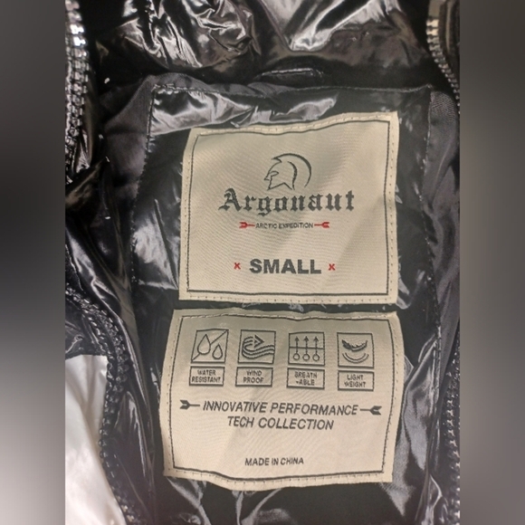 Men's Black Puffer Jacket with Red and White Stripes - Picture 12 of 12